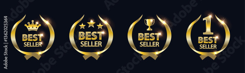 Best Seller Sticker Label: Premium Awards Logo Set with Gold Medal Icons, Star, Cup, Crown, and No. 1 Elements - Vector Design for Celebratory Greetings