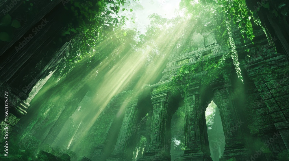 Obraz premium Lush sunlight filtering through dense green jungle canopy. Lost Planetary Temples. Illustration illustration