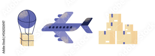 Logistics and transportation icons, airplane, hot air balloon, packages. Flat vector illustration of global delivery system concept design