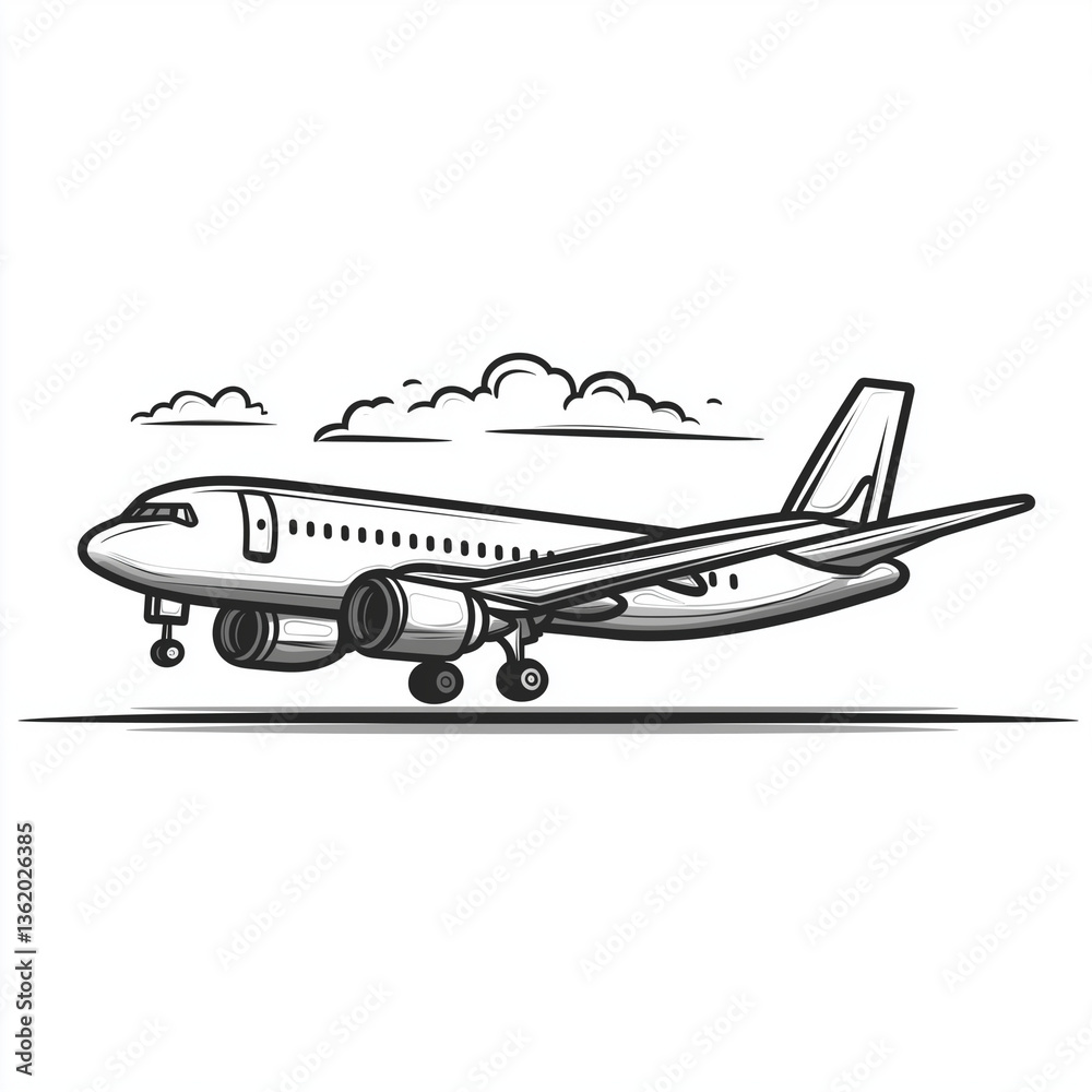 Black and white illustration of passenger plane taking off Black and white illustration of passenger plane taking off