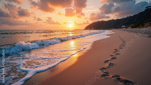 Obraz na płótnie A serene beach scene at sunset with golden hues, ideal for travel blogs and vacation rental promotions, isolated on transparent background. w salonie