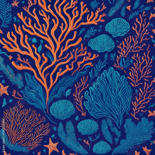 Fond Motif Corail Couleurs Bleu et Orange - Vie Sous-Marine Vecteur