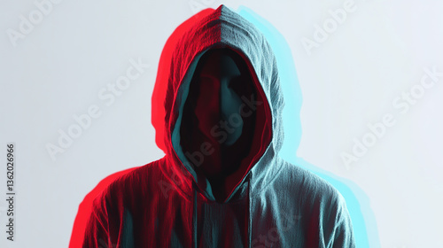Anonymous hacker, cybercriminal, or scammer concealed in a hoodie, face obscured in shadow, evoking mystery, menace, and digital intrigue on white background.