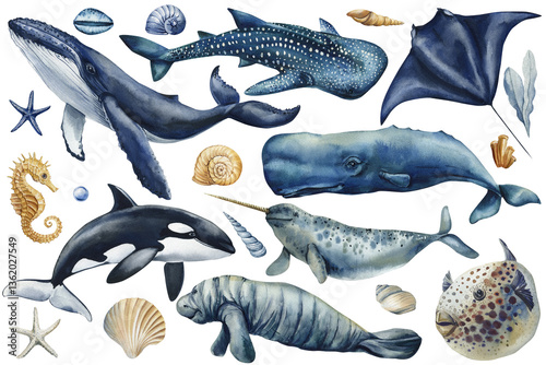 marine animals and shells watercolor whale shark orca narwhal stingray manatee seahorse fish starfish ocean sea life set