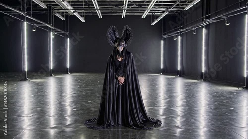 woman in a black fantasy costume, surrounded by light pillars in dark large room, dark venetian masquerade mask, music video style composition