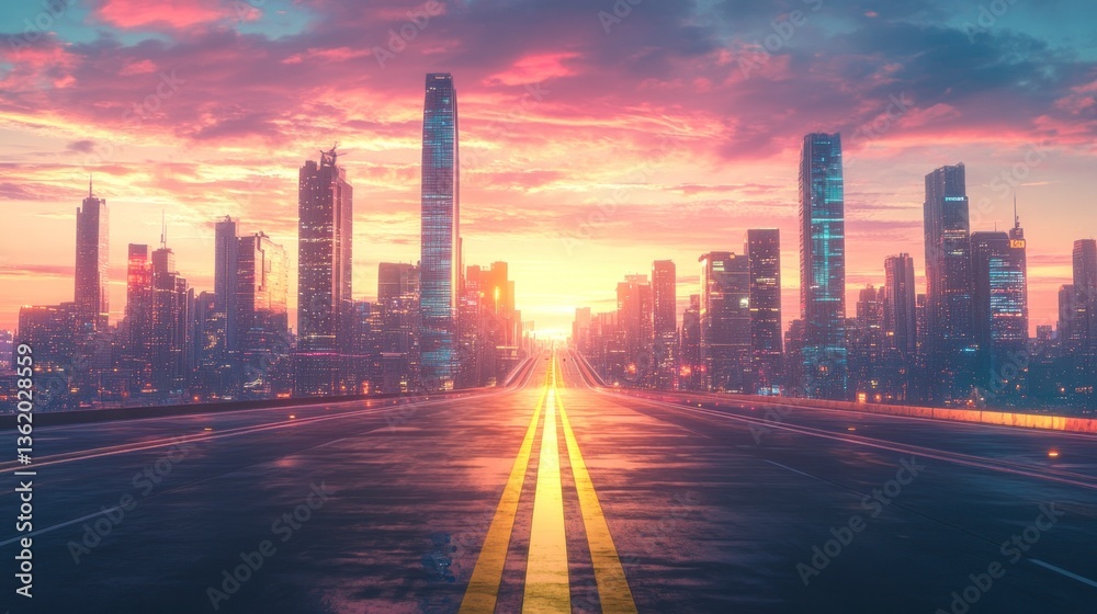 Fototapeta premium Open Road to City Skyline at Sunset