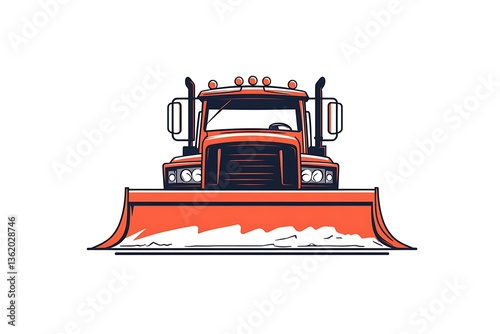 Cartoon Styled Orange Snowplow Truck with Plow Pushing Snow, Isolated on White