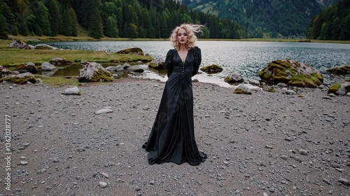 dark glamour model in her 30s, demonic brooding and deep contemplation, witch performing witchcraft, dancer posing in a scenic outdoor setting