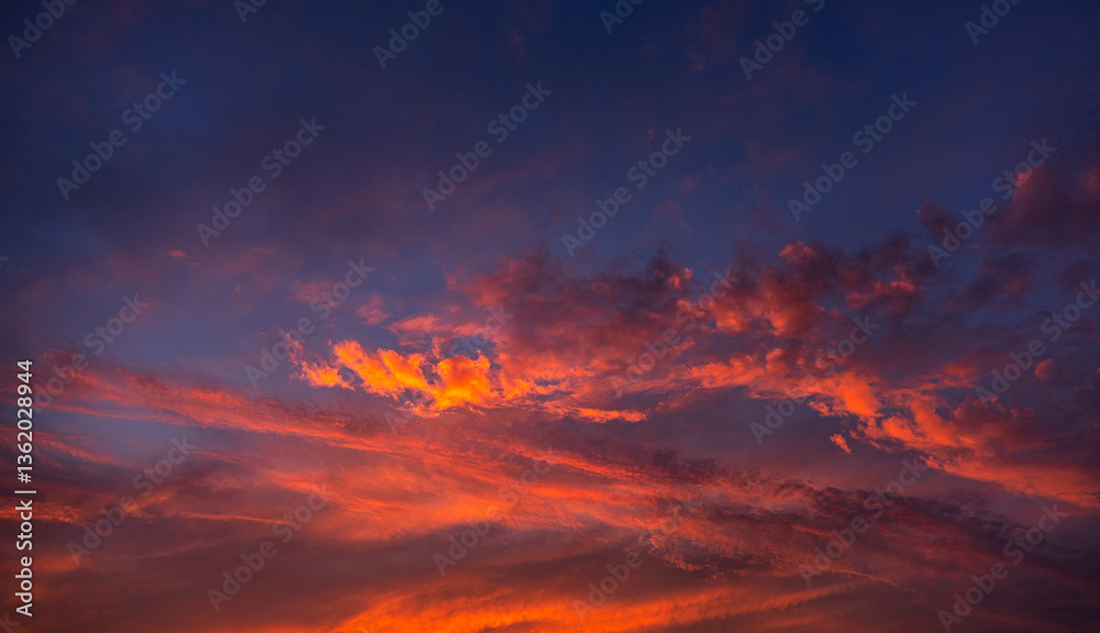 Fototapeta premium Stunning dramatic sunset sky with purple clouds and pink and red firmament texture banner