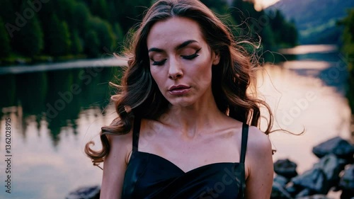 dark glamour model in her 30s, demonic brooding and deep contemplation, witch performing witchcraft, dancer posing in a scenic outdoor setting