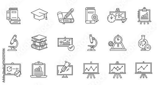 Line art icons depict education, science, and business concepts.