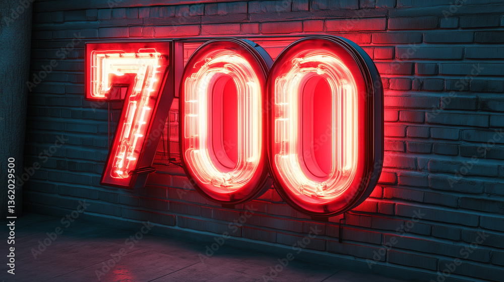 Seven Hundred neon art, 700 neon lit number, glowing typography