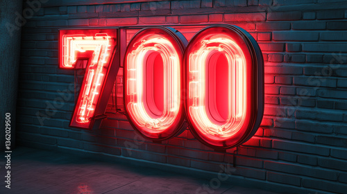 Obraz na płótnie Seven Hundred neon art, 700 neon lit number, glowing typography w salonie
