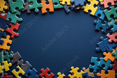 A vibrant array of jigsaw puzzle pieces scattered around a deep blue central space creating a border effect