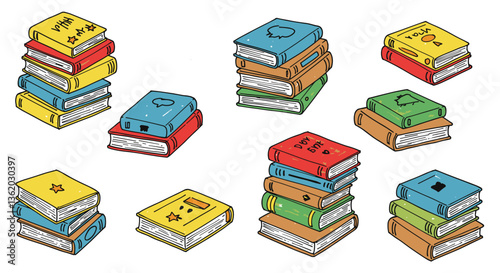 Colorful stacks of books in hand-drawn style.