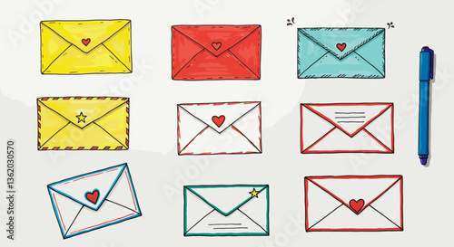 Hand-drawn envelopes in various colors and designs.