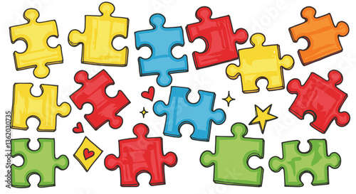 Colorful puzzle pieces scattered on white background.  A playful, vibrant image.