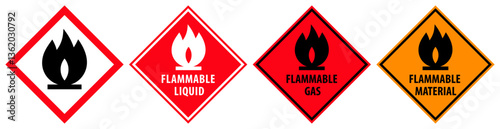 Flammable hazard warning sign set, indicating flammable gases, aerosols, liquids or solids symbol. Flammable material labels.