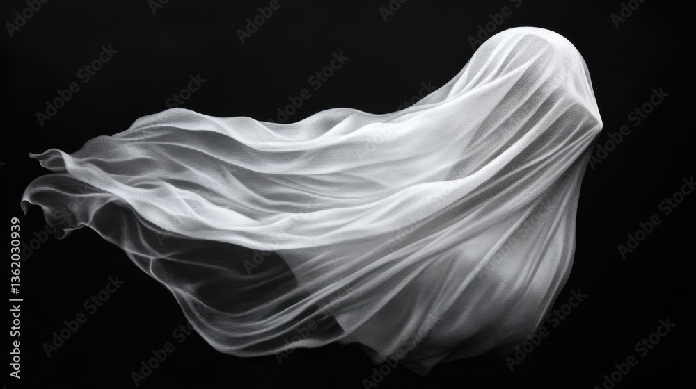 Fototapeta premium A ghostly figure with flowing white fabric against a black background. illustration
