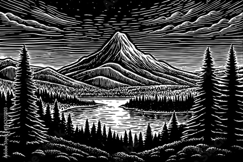 Minimalist captivating natural wonders explore majestic peaks serene lakes black and white sketch hand drawn tranquil forest