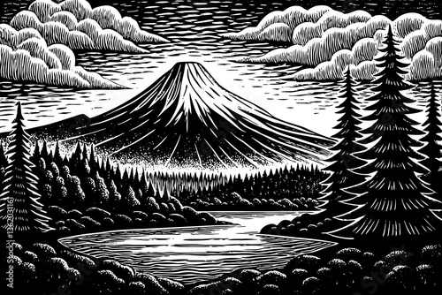 Minimalist captivating natural wonders explore majestic peaks serene lakes black and white sketch hand drawn tranquil forest