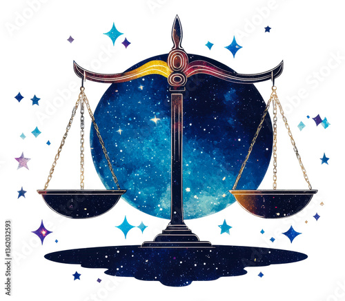 Balancing justice and harmony cosmic scales in celestial space isolated on transparent background
