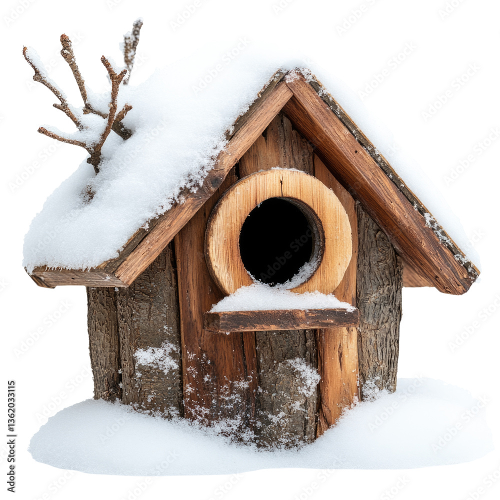 Wooden birdhouse covered in snow with a natural design isolated on transparent background, cutout png Wooden birdhouse covered in snow with a natural design isolated on transparent background, cutout png