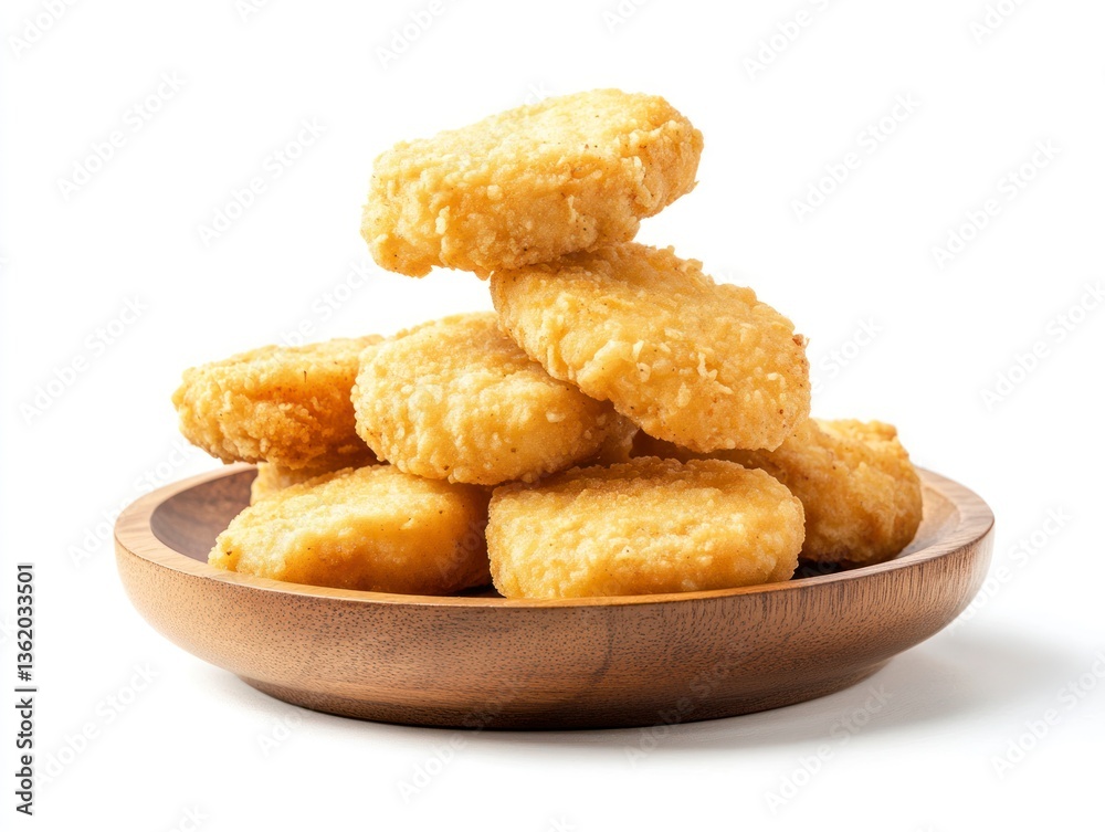 Pile of Golden Fried Chicken Nuggets on Wooden Plate Isolated Pile of Golden Fried Chicken Nuggets on Wooden Plate Isolated