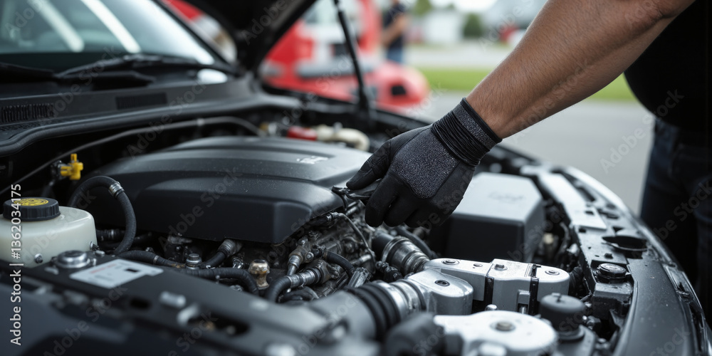 A detailed, close-up view of a gloved hand expertly working on the intricate mechanics of a car engine, various specialized tools neatly scattered A detailed, close-up view of a gloved hand expertly working on the intricate mechanics of a car engine, various specialized tools neatly scattered