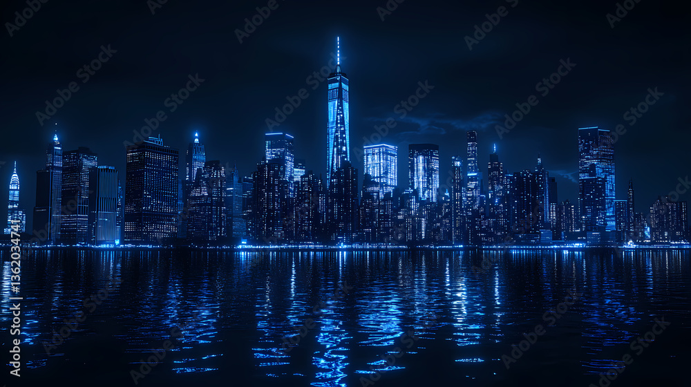 Fototapeta premium New York City Skyline at Night, Vibrant Blue Light