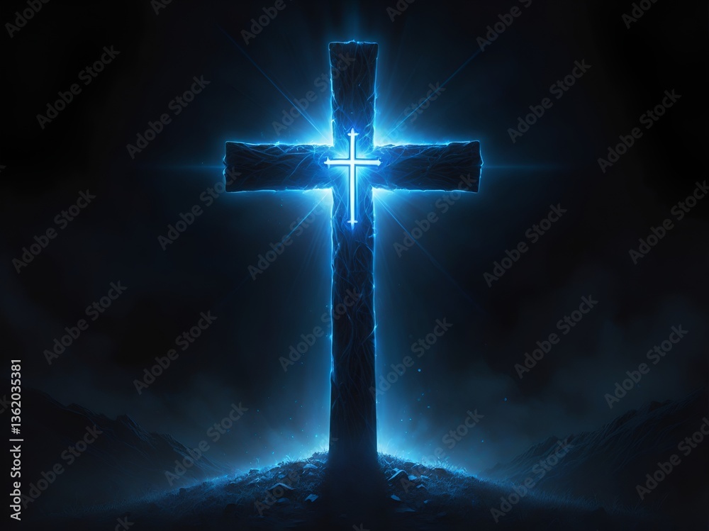 Naklejka premium Glowing Cross on a Black Background