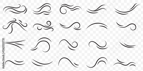 Doodle blowing wind. Hand drawn air wave icon. Outline wind movement symbol isolated on transparent background. Climate sketch element. Vector decorative dash lines in the shape of a curve. EPS 10.