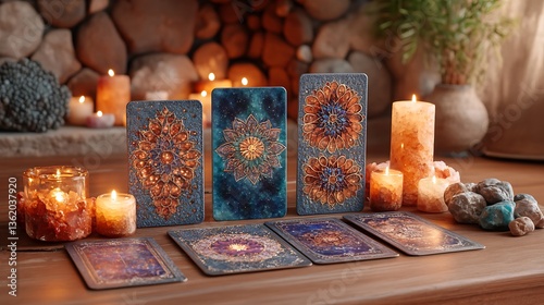 Mystical tarot cards with candles and stones.