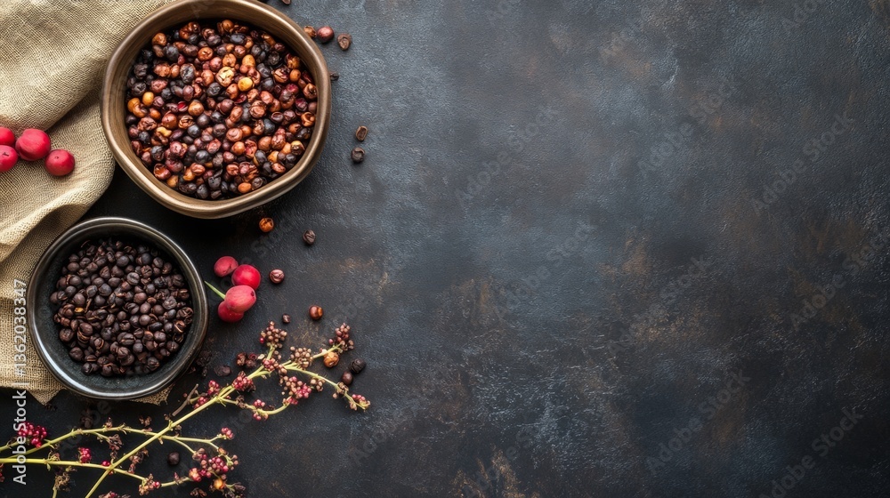 Dry herbs and berries on moody dark surface Dry herbs and berries on moody dark surface