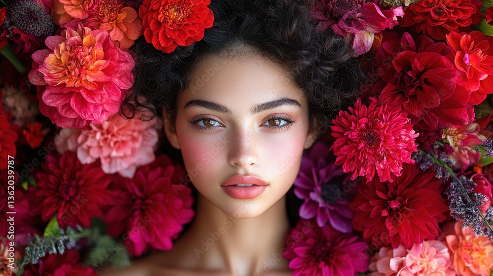 A beautiful woman surrounded by vibrant red and pink flowers