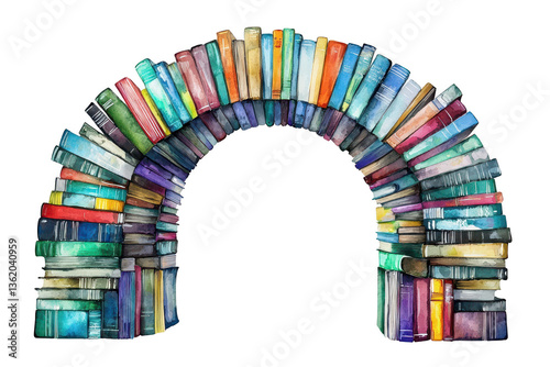 A colorful arch made of stacked books, showcasing diverse spine designs and vibrant hues.