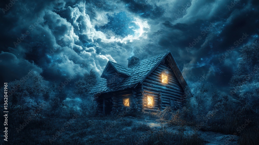 Mysterious cabin illuminated at night under a dramatic sky with clouds Mysterious cabin illuminated at night under a dramatic sky with clouds