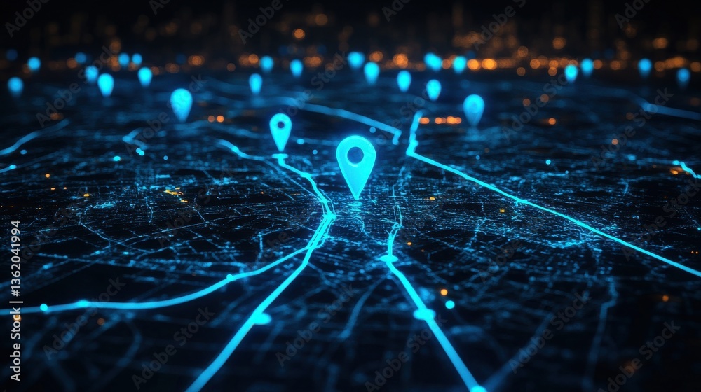Obraz premium On a dark background, a map displays blue glowing location pins, with one pin highlighted and connected lines tracing a route from one point to another.