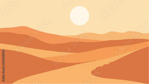 Desert landscape. Desert and sunset sky. Sand desert landscape with heat sun and dune. Vector illustration.