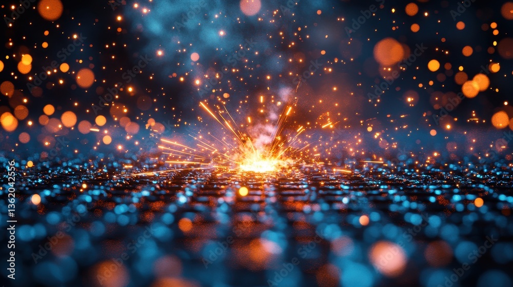 Obraz premium Abstract Sparkler Explosion on Dark Background with Blue and Orange Bokeh