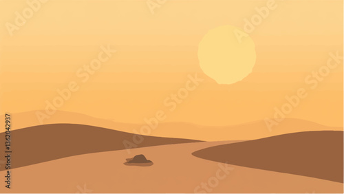 Desert landscape. Desert and sunset sky. Sand desert landscape with heat sun and dune. Vector illustration.