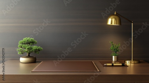 A high-end executive office desk with a polished walnut finish, featuring a minimalist brass lamp, a fine leather desk pad,