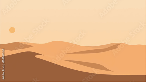 Desert landscape. Desert and sunset sky. Sand desert landscape with heat sun and dune. Vector illustration.