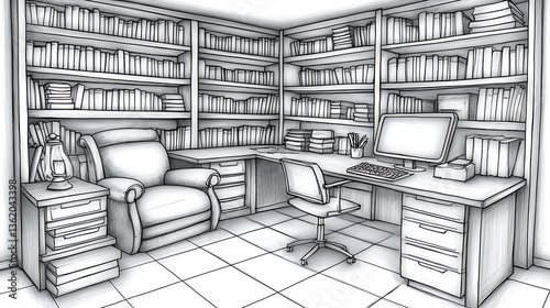 Home office with built-in bookshelves, desk, and comfy chair.