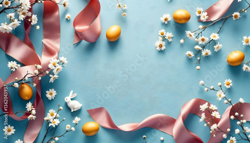 Blue Easter background with eggs and spring flowers arranged as a frame.