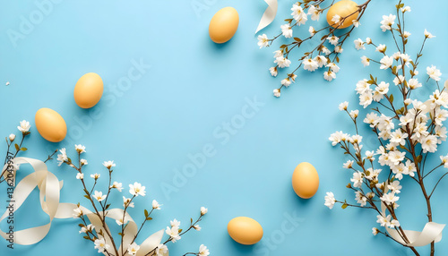Blue Easter background with eggs and spring flowers arranged as a frame.
