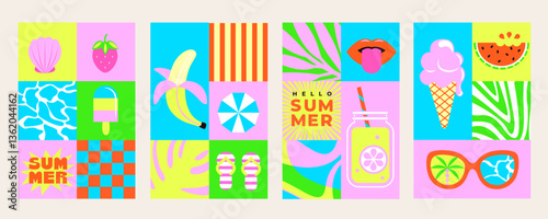 Set of summer bright flyers in square tile style with simple shapes and symbols of hot season-watermelon,ice cream,lemonade,sea,tropical leaves pattern,strawberry.Template for posters,web,print.Vector
