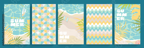 Set of modern tropical themed summer covers and background patterns.Sea,beach,yacht, simple geometric patterns.Template for design,print.Vertical banners, flyers for social media,web,ads,promo.Vector