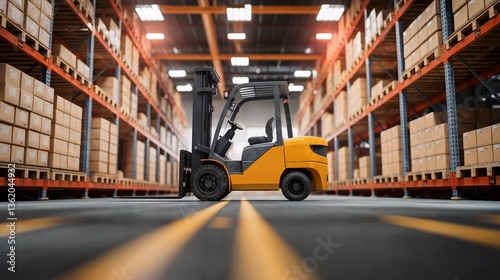 Yellow forklift parked in a warehouse aisle with organized shelves of boxes under bright lighting.