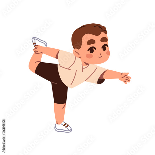 Cute little boy training balance in Dancer's pose, Natarajasana. Happy child practices yoga. Kid stands on one leg, does physical exercise, sports workout. Flat isolated vector illustration on white